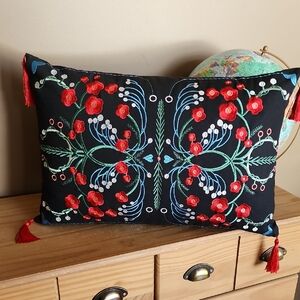 IKEA Vinterfint Embroidered Black Pillow with Red Floral Design